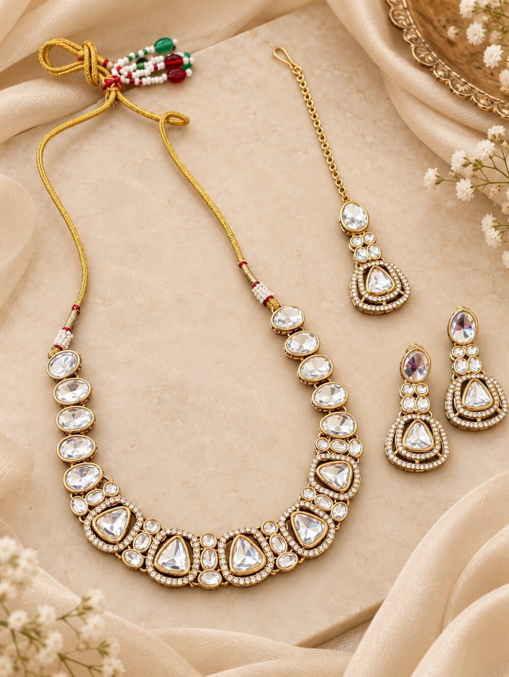 Polki Necklace Set with Earrings & Maang Tikka | Indian Jewelry